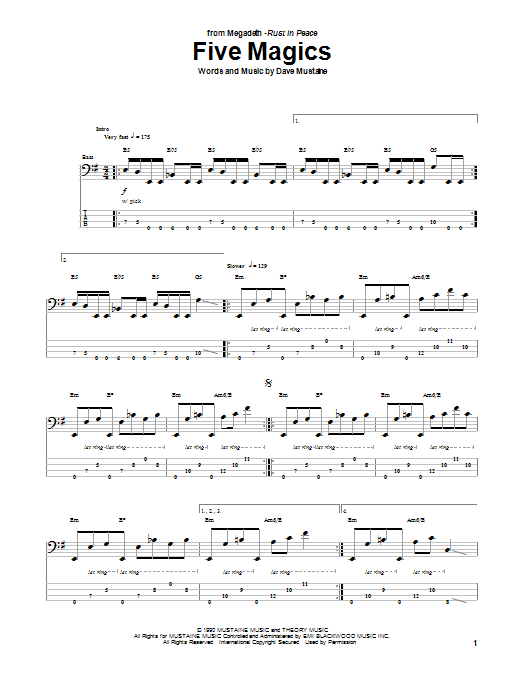 Megadeth Five Magics sheet music notes and chords arranged for Bass Guitar Tab