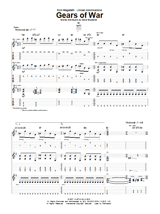 Megadeth Gears Of War sheet music notes and chords arranged for Guitar Tab