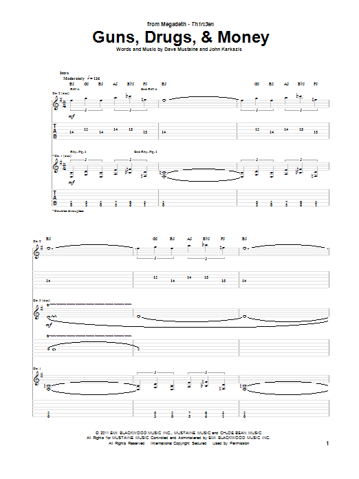 Megadeth Guns, Drugs, & Money sheet music notes and chords arranged for Guitar Tab
