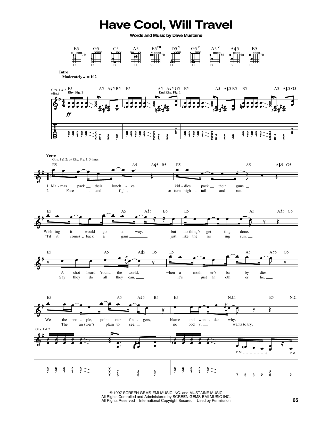 Megadeth Have Cool, Will Travel sheet music notes and chords arranged for Guitar Tab