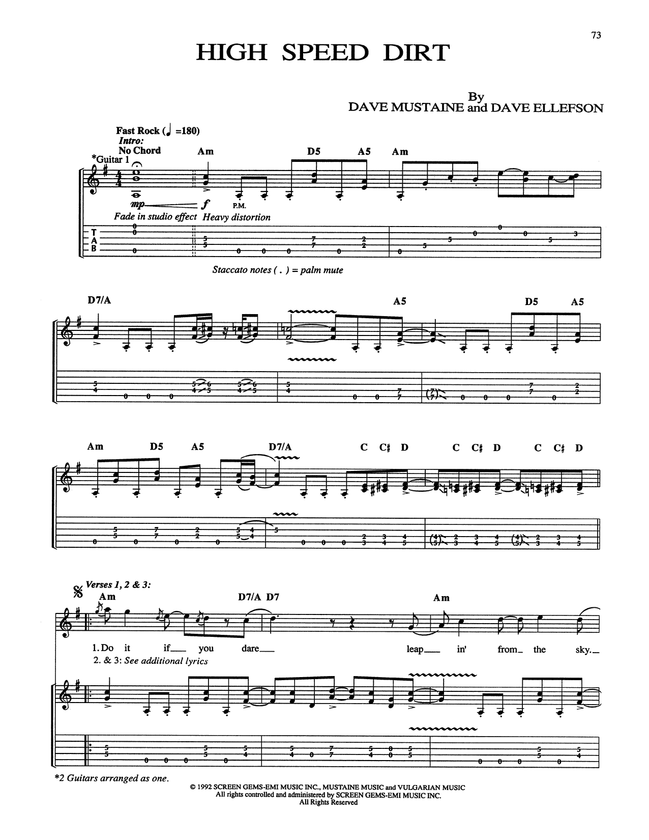 Megadeth High Speed Dirt sheet music notes and chords arranged for Guitar Tab