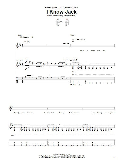 Megadeth I Know Jack sheet music notes and chords arranged for Guitar Tab