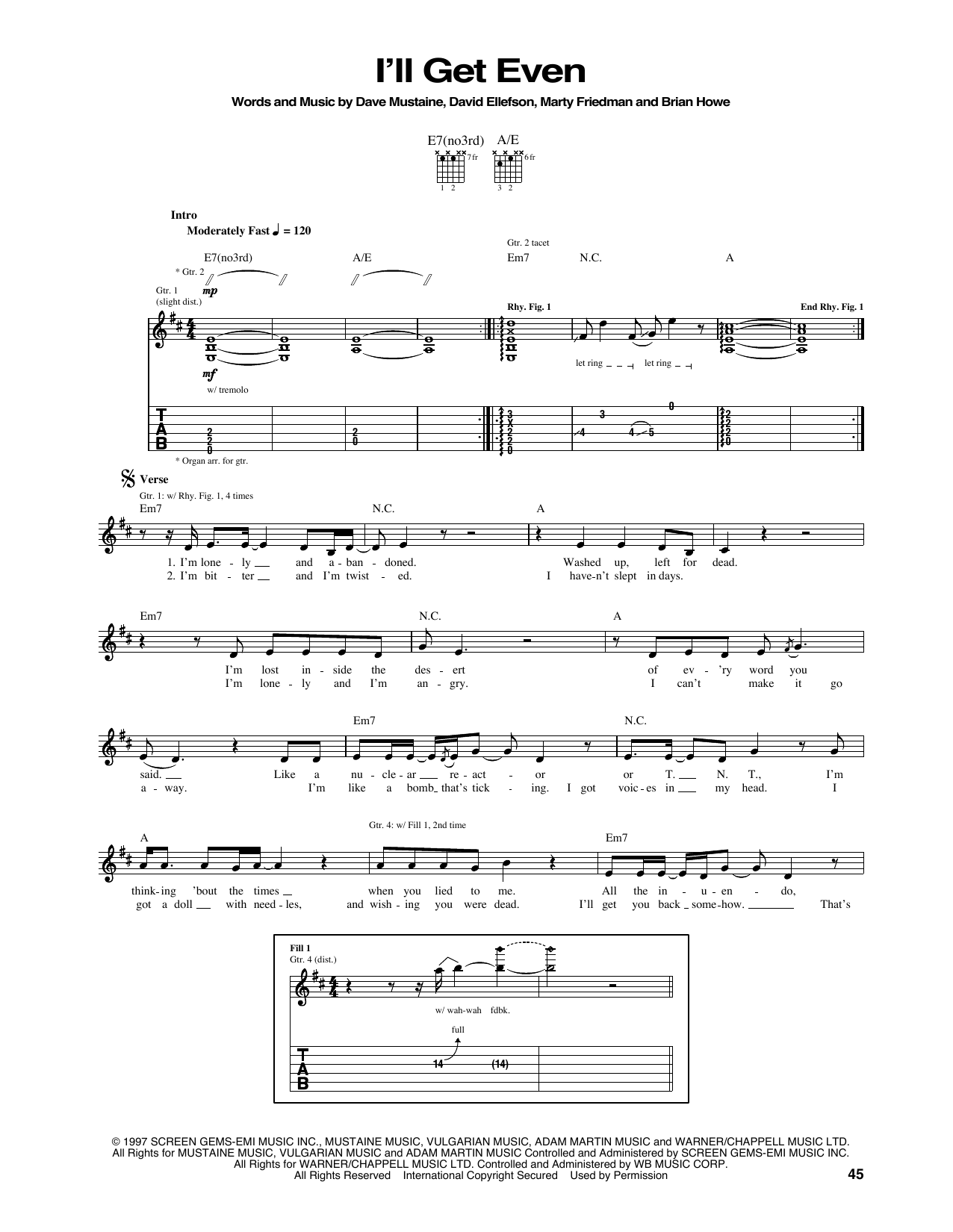 Megadeth I'll Get Even sheet music notes and chords arranged for Guitar Tab