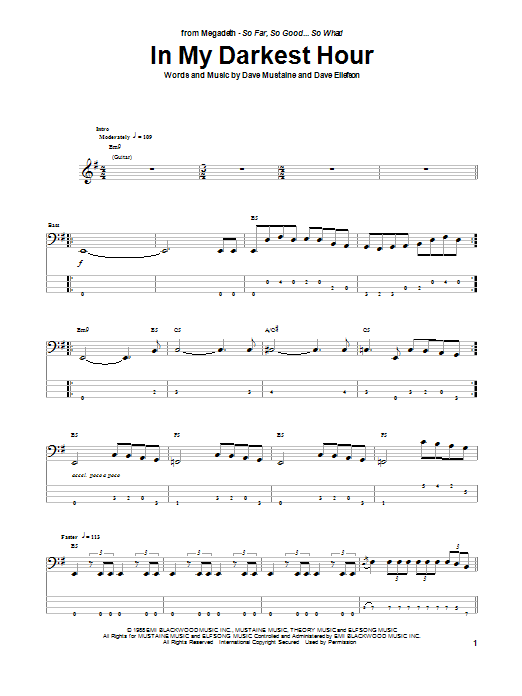Megadeth In My Darkest Hour sheet music notes and chords arranged for Guitar Tab