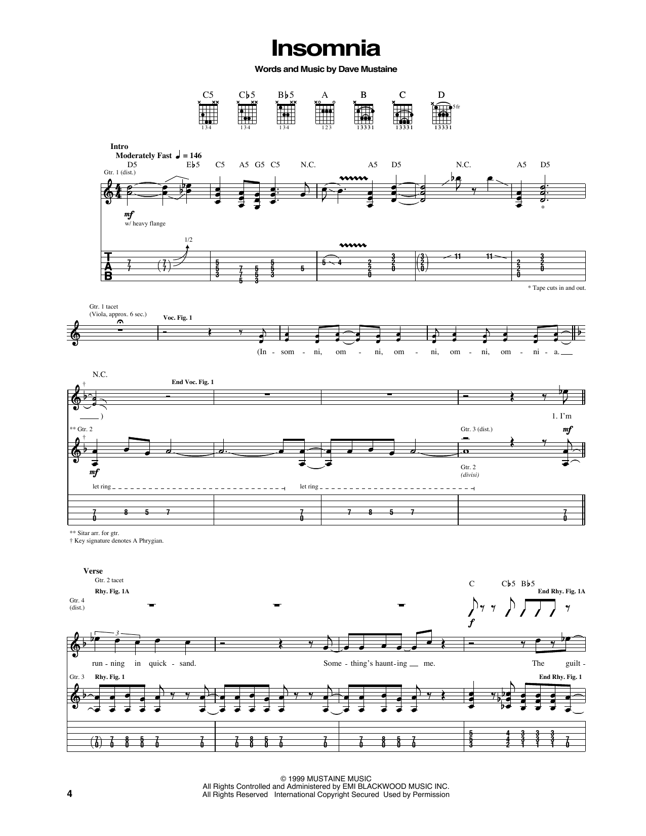 Megadeth Insomnia sheet music notes and chords arranged for Guitar Tab