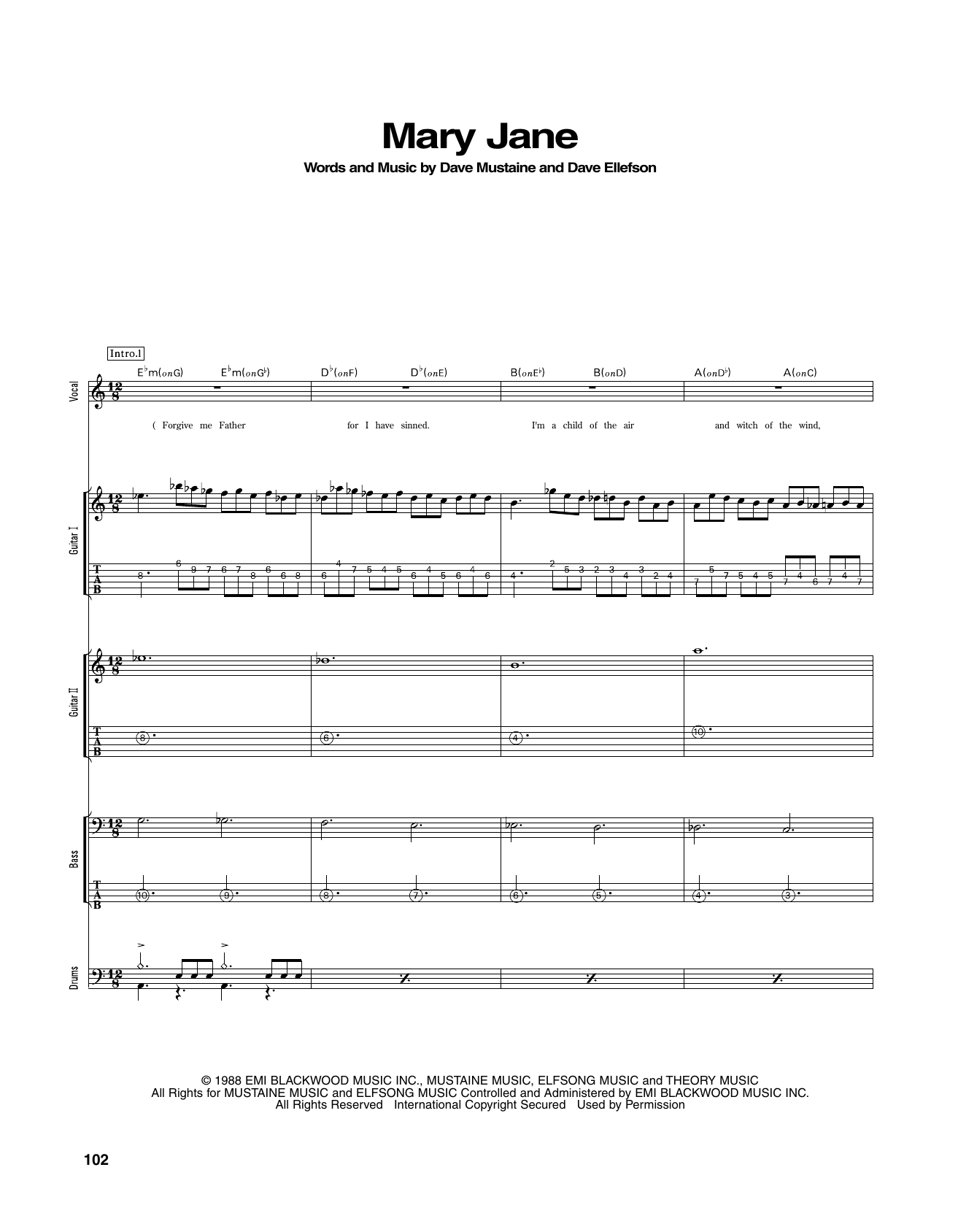 Megadeth Mary Jane sheet music notes and chords arranged for Transcribed Score