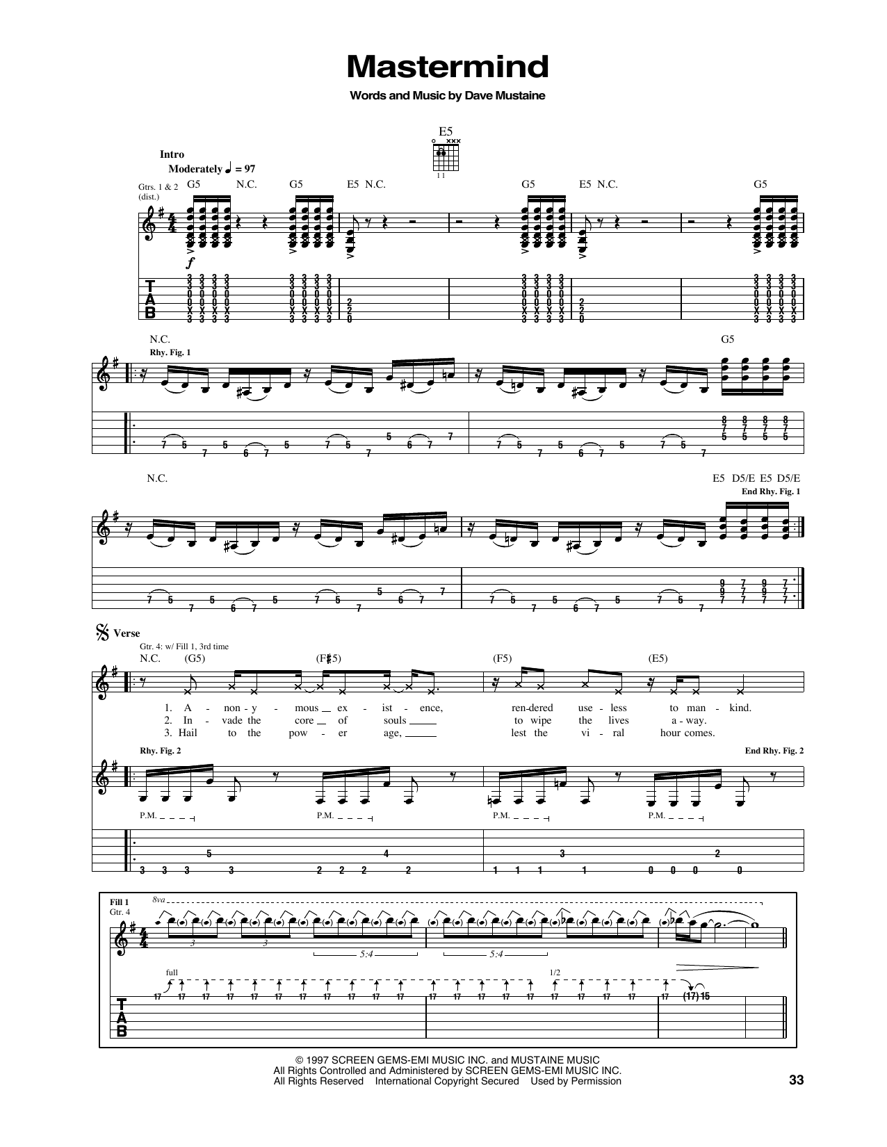 Megadeth Mastermind sheet music notes and chords arranged for Guitar Tab