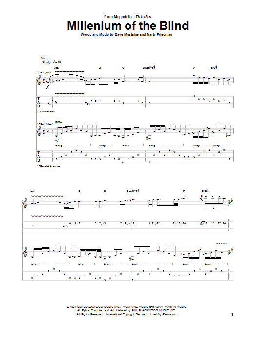 Megadeth Millenium Of The Blind sheet music notes and chords arranged for Guitar Tab