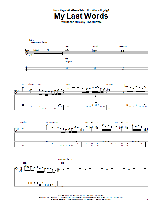 Megadeth My Last Words sheet music notes and chords arranged for Bass Guitar Tab