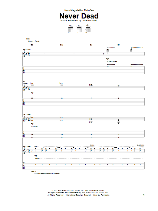 Megadeth Never Dead sheet music notes and chords arranged for Guitar Tab