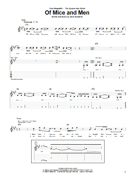 Megadeth Of Mice And Men sheet music notes and chords arranged for Guitar Tab