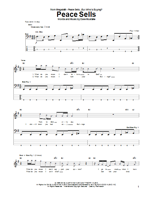 Megadeth Peace Sells sheet music notes and chords arranged for Bass Guitar Tab