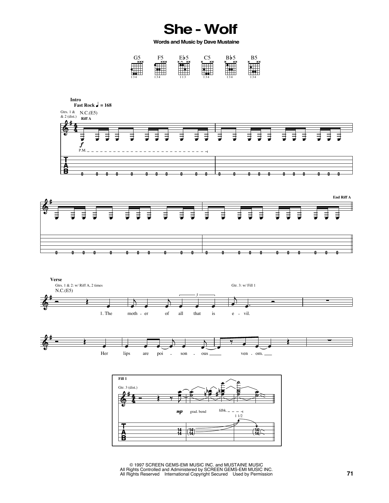 Megadeth She-Wolf sheet music notes and chords arranged for Guitar Tab