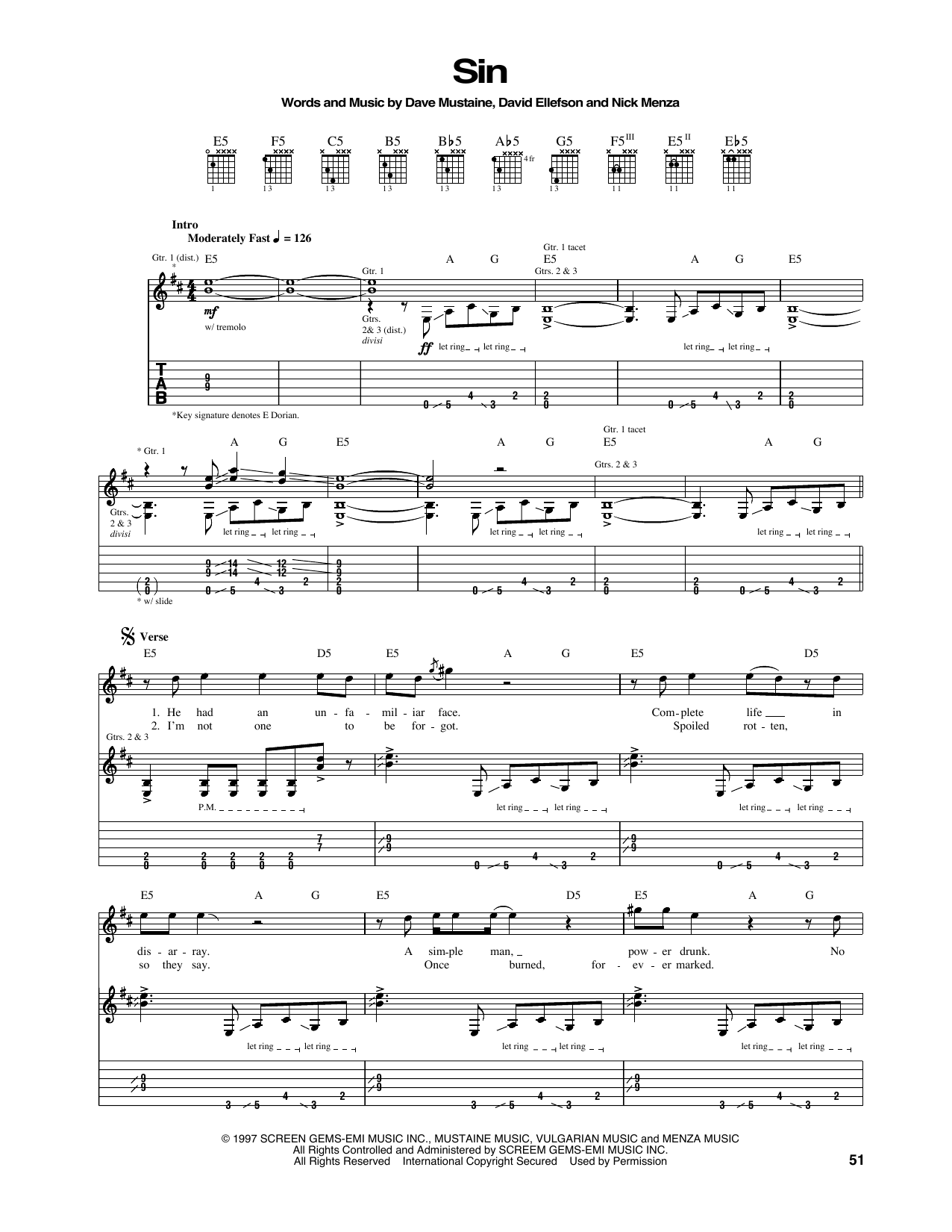 Megadeth Sin sheet music notes and chords arranged for Guitar Tab