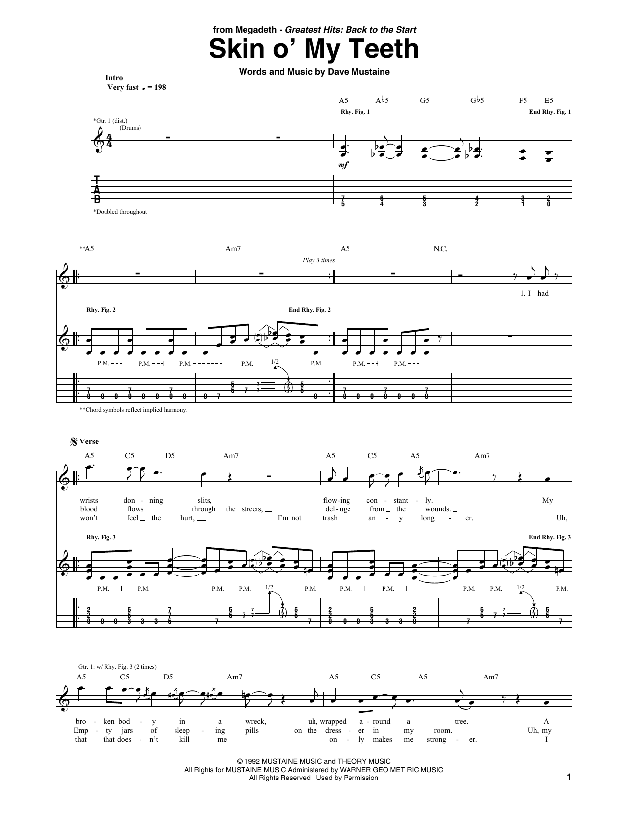 Megadeth Skin O' My Teeth sheet music notes and chords arranged for Guitar Tab