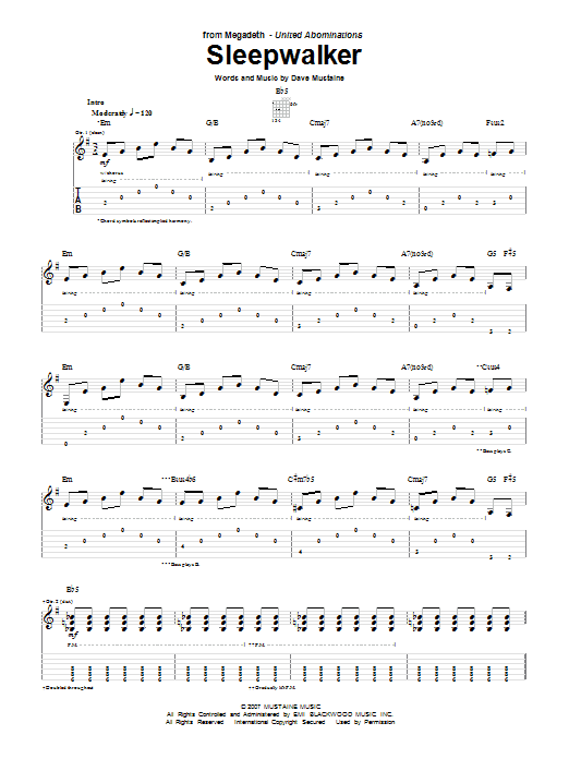 Megadeth Sleepwalker sheet music notes and chords arranged for Guitar Tab