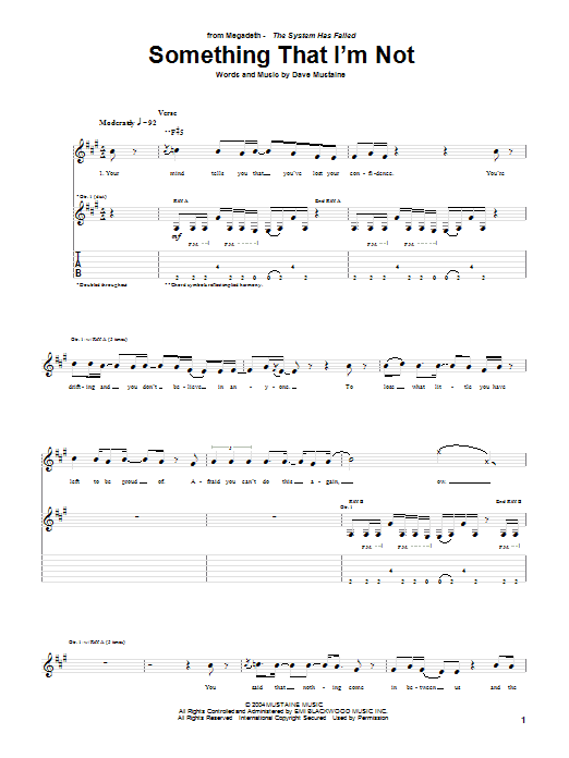 Megadeth Something I'm Not sheet music notes and chords arranged for Guitar Tab