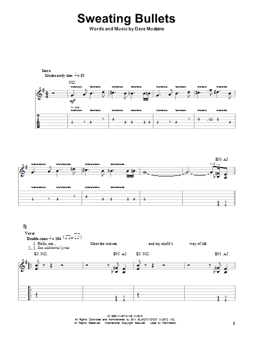 Megadeth Sweating Bullets sheet music notes and chords arranged for Bass Guitar Tab