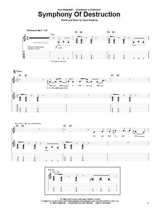 Megadeth Symphony Of Destruction sheet music notes and chords arranged for Bass Guitar Tab