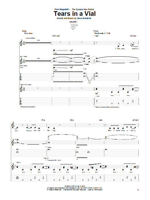Megadeth Tears In A Vial sheet music notes and chords arranged for Guitar Tab