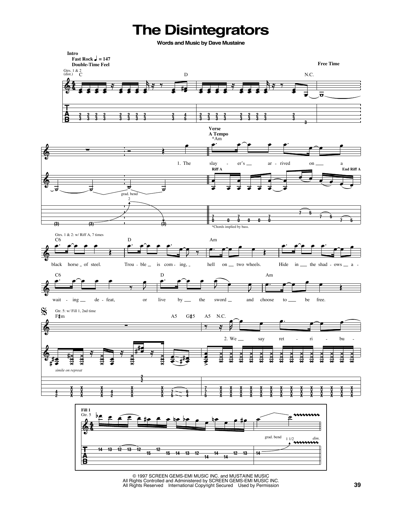 Megadeth The Disintegrators sheet music notes and chords arranged for Guitar Tab