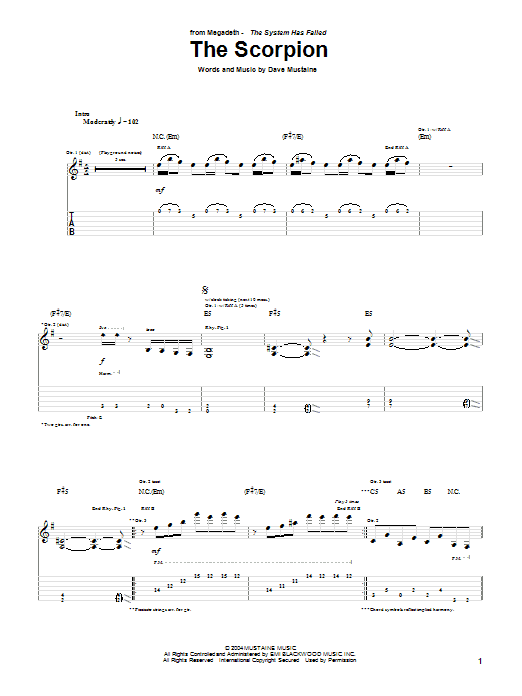 Megadeth The Scorpion sheet music notes and chords arranged for Guitar Tab