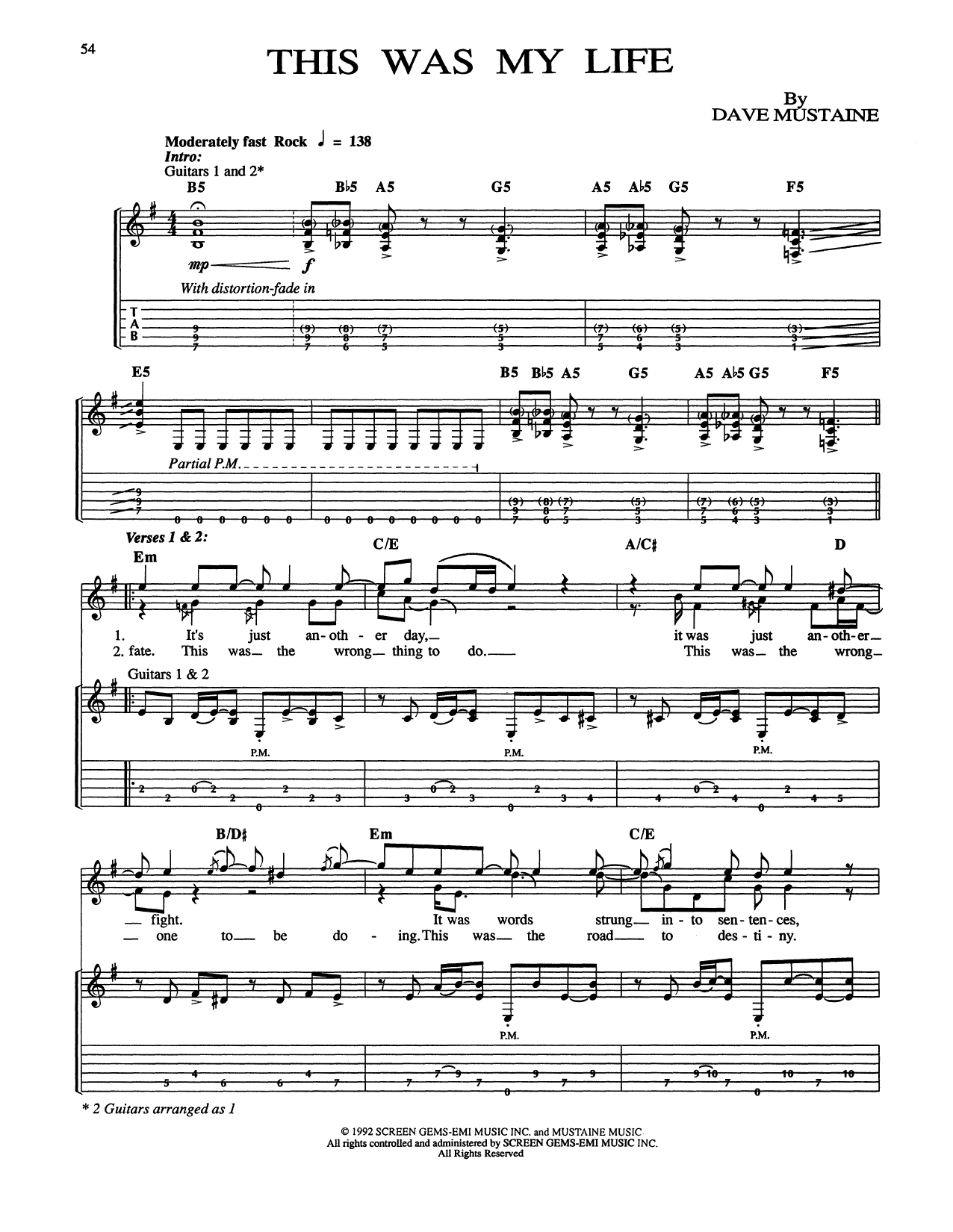 Megadeth This Was My Life sheet music notes and chords arranged for Guitar Tab