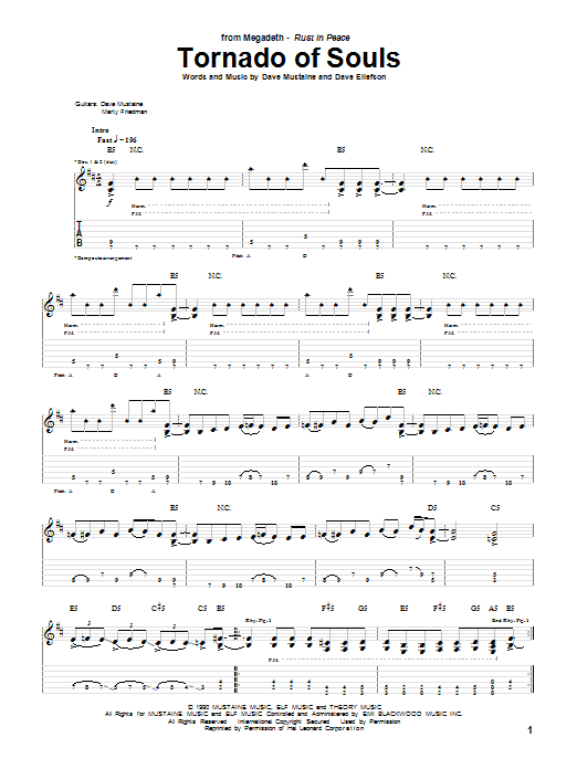 Megadeth Tornado Of Souls sheet music notes and chords arranged for Guitar Tab