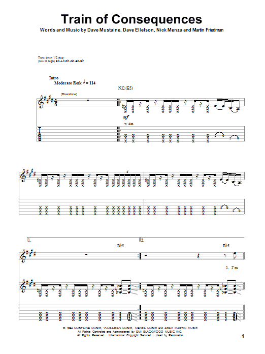Megadeth Train Of Consequences sheet music notes and chords arranged for Bass Guitar Tab