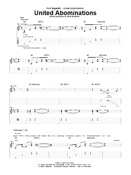 Megadeth United Abominations sheet music notes and chords arranged for Guitar Tab