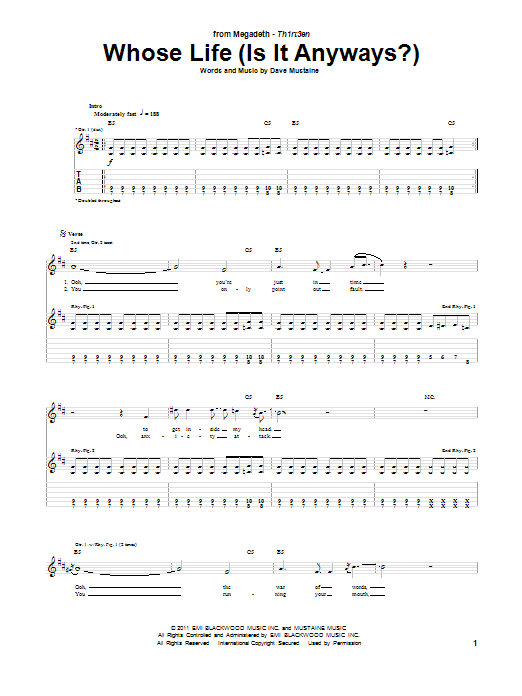 Megadeth Whose Life (Is It Anyways?) sheet music notes and chords arranged for Guitar Tab