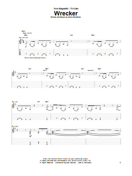 Megadeth Wrecker sheet music notes and chords arranged for Guitar Tab