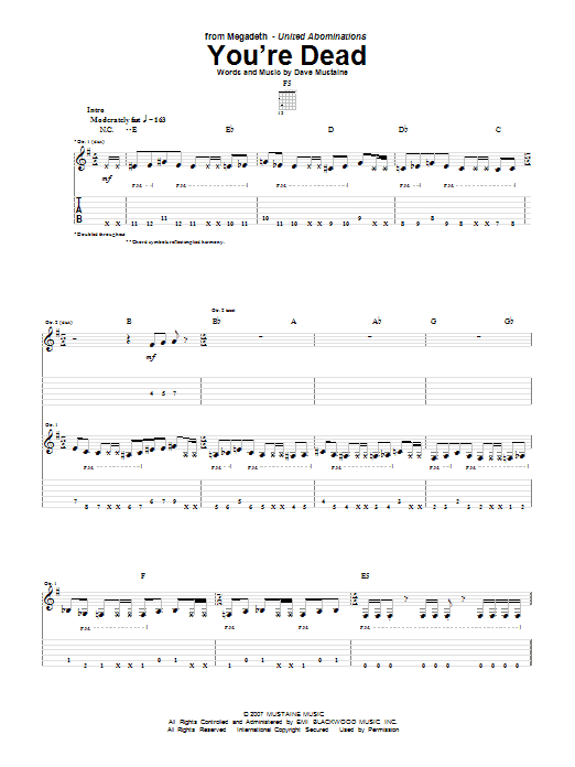 Megadeth You're Dead sheet music notes and chords arranged for Guitar Tab