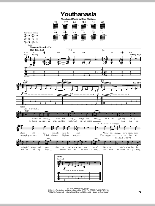 Megadeth Youthanasia sheet music notes and chords arranged for Guitar Tab