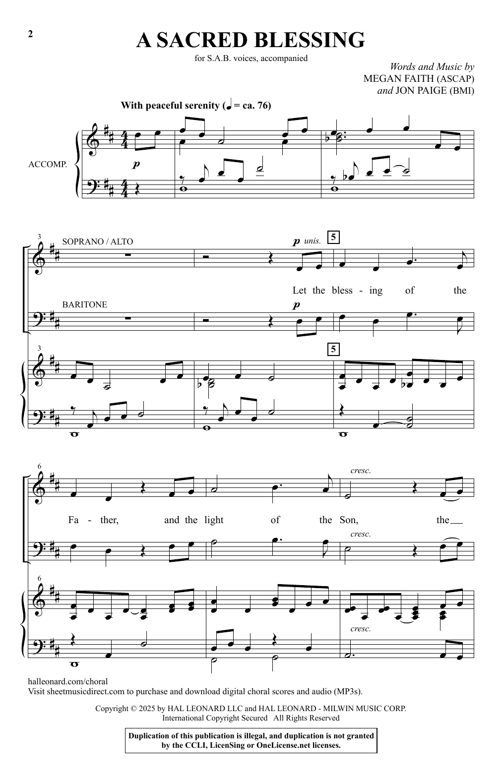Megan Faith and Jon Paige A Sacred Blessing sheet music notes and chords arranged for SAB Choir