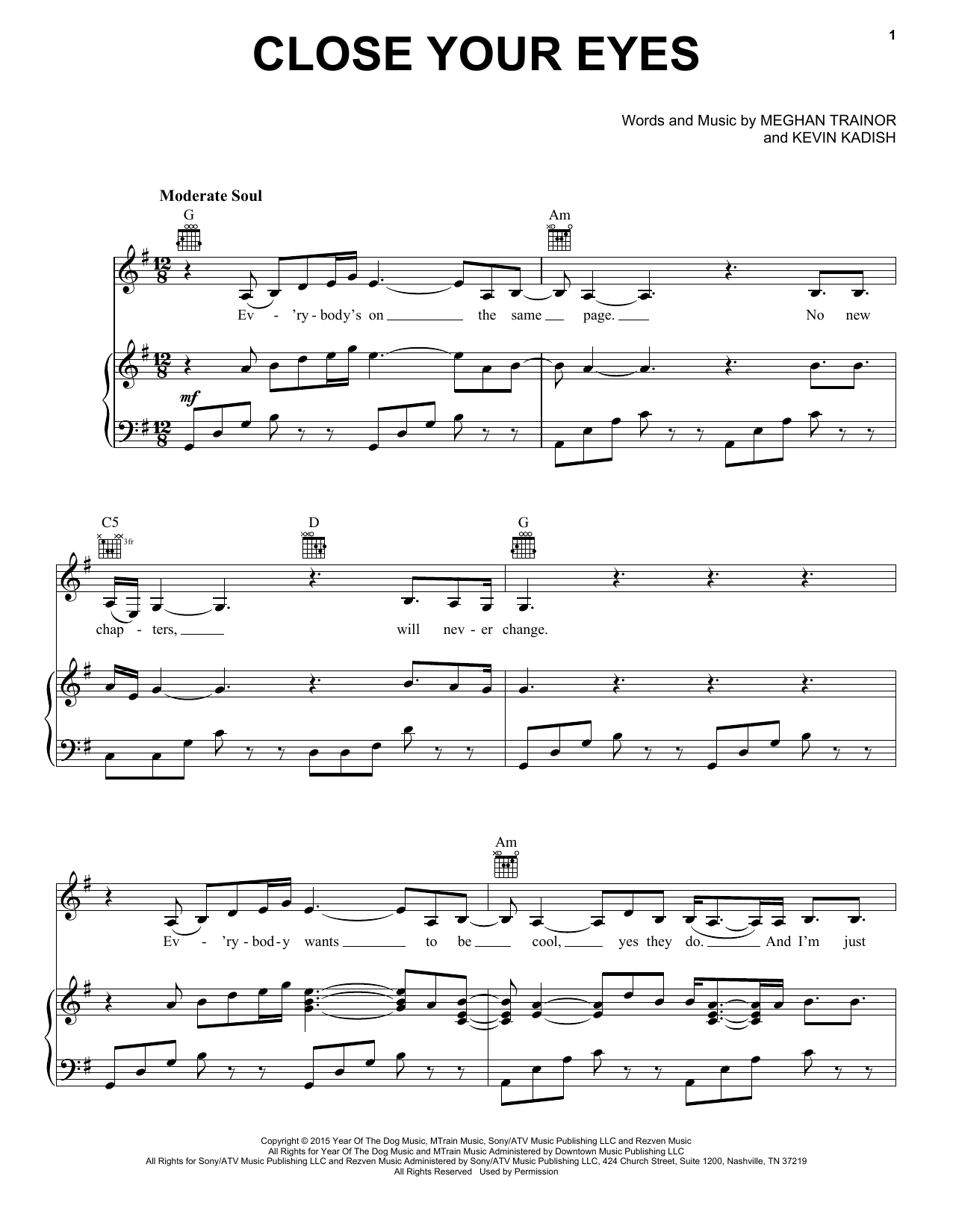 Meghan Trainor Close Your Eyes sheet music notes and chords arranged for Piano, Vocal & Guitar Chords (Right-Hand Melody)
