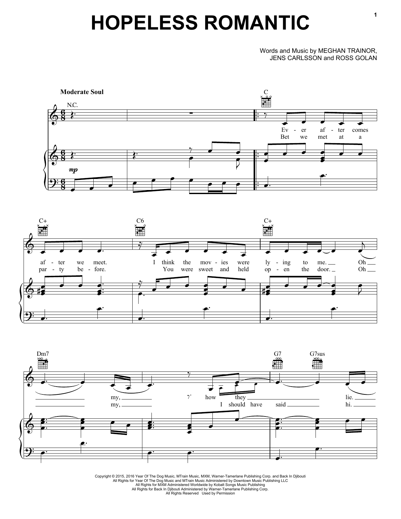 Meghan Trainor Hopeless Romantic sheet music notes and chords arranged for Piano, Vocal & Guitar Chords (Right-Hand Melody)