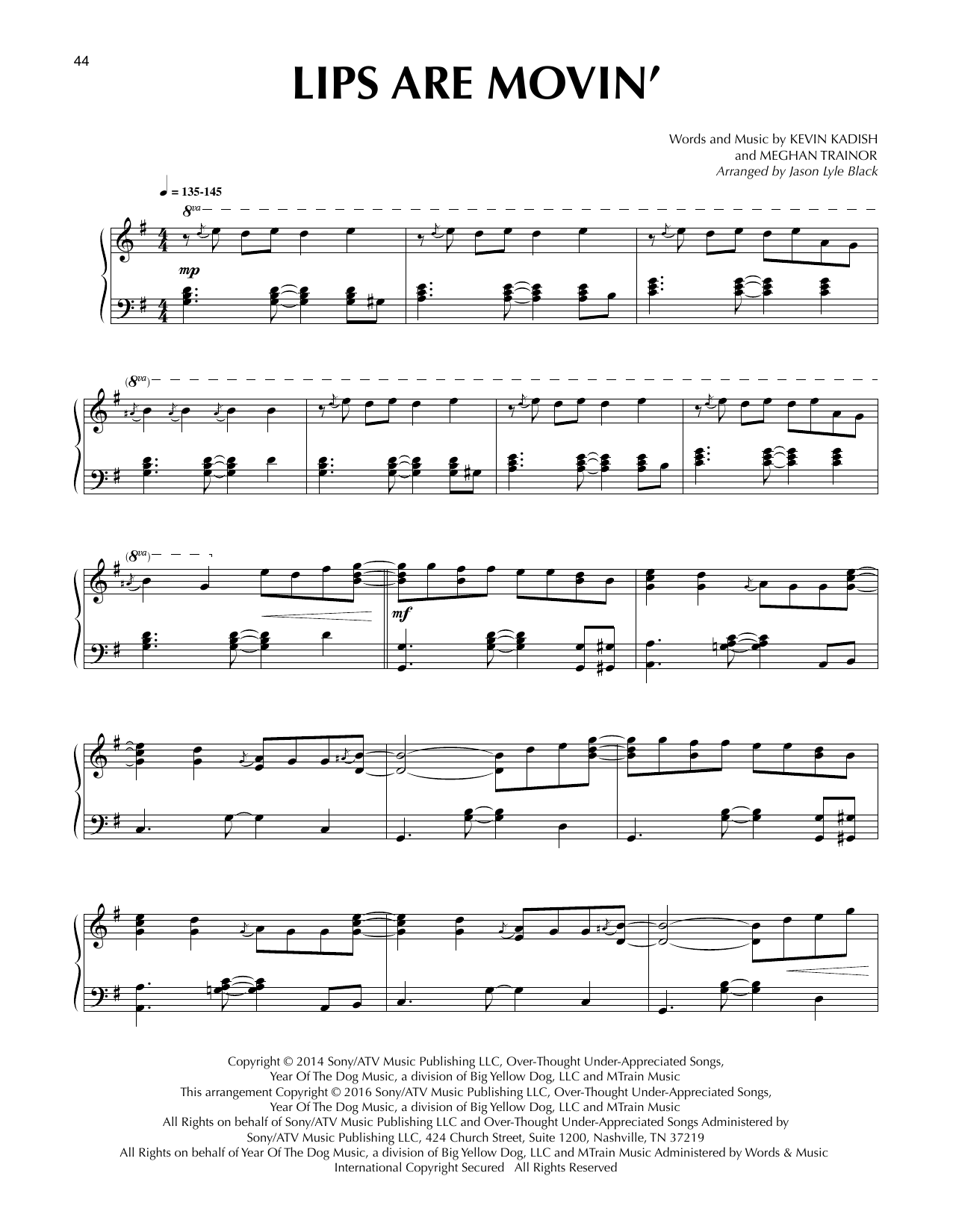Meghan Trainor Lips Are Movin' (arr. Jason Lyle Black) sheet music notes and chords arranged for Piano Solo