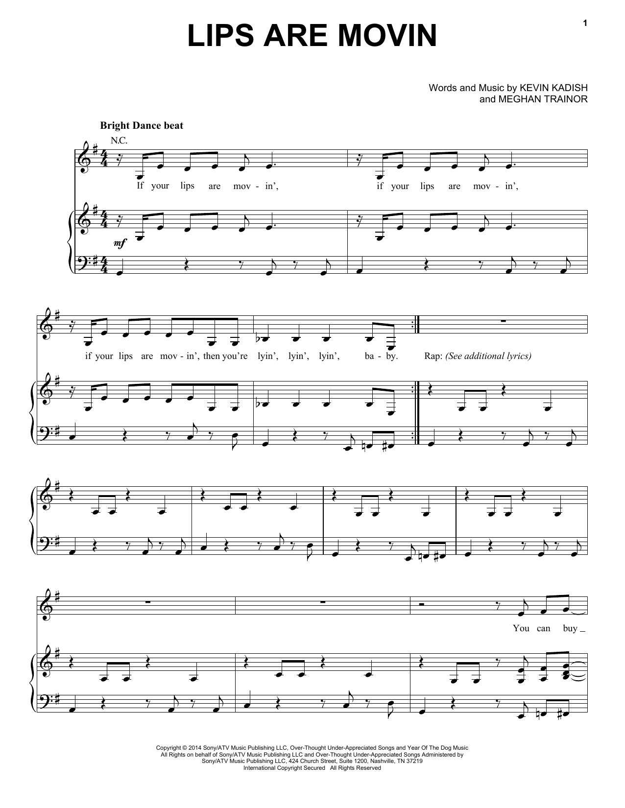 Meghan Trainor Lips Are Movin' sheet music notes and chords arranged for Piano, Vocal & Guitar Chords