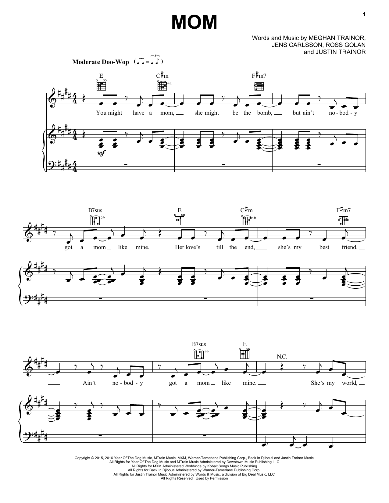 Meghan Trainor Mom (feat. Kelli Trainor) sheet music notes and chords arranged for Piano, Vocal & Guitar Chords (Right-Hand Melody)