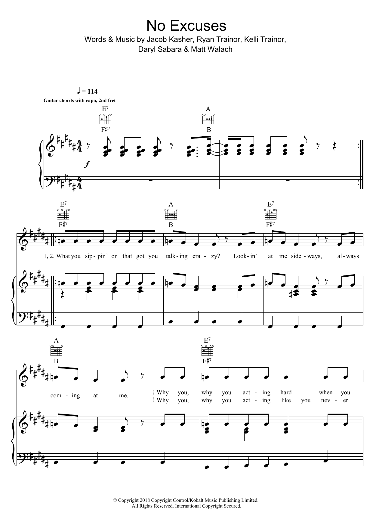 Meghan Trainor No Excuses sheet music notes and chords arranged for Piano, Vocal & Guitar Chords