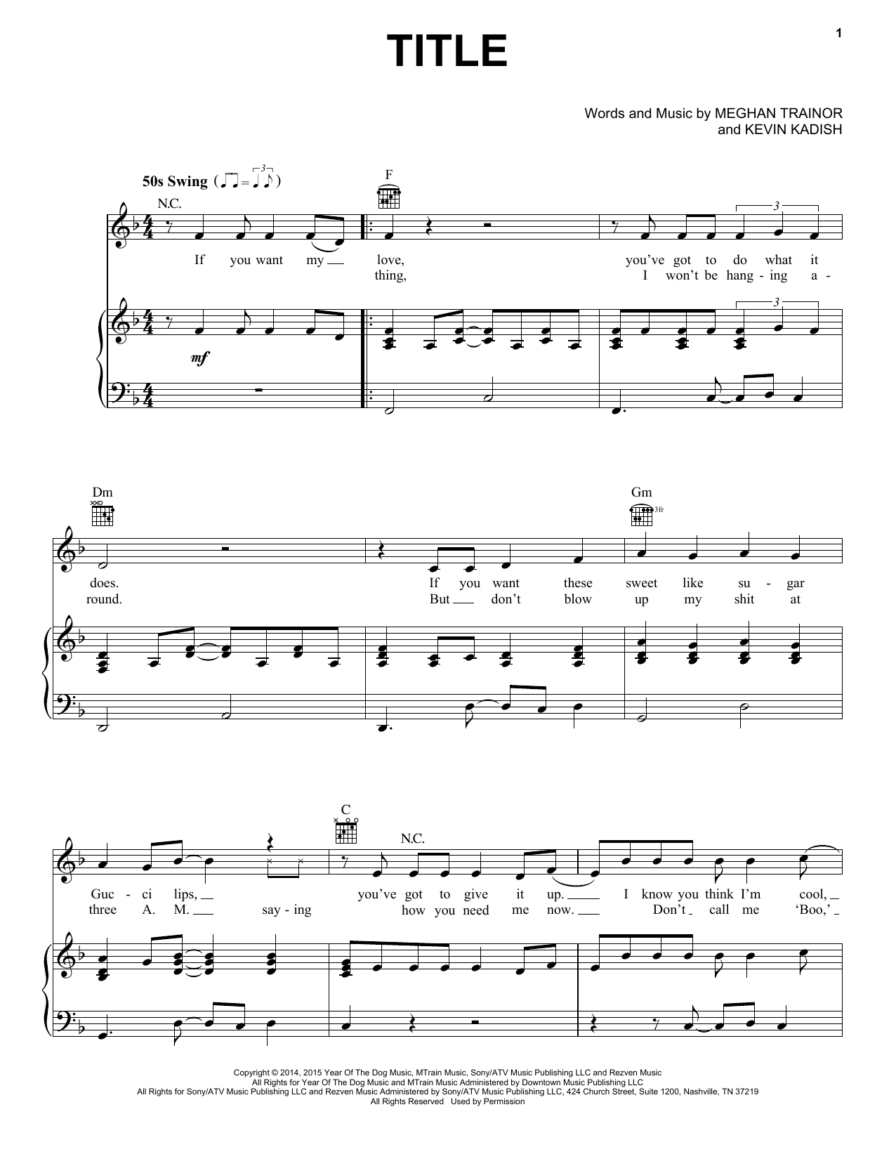 Meghan Trainor Title sheet music notes and chords arranged for Piano, Vocal & Guitar Chords (Right-Hand Melody)