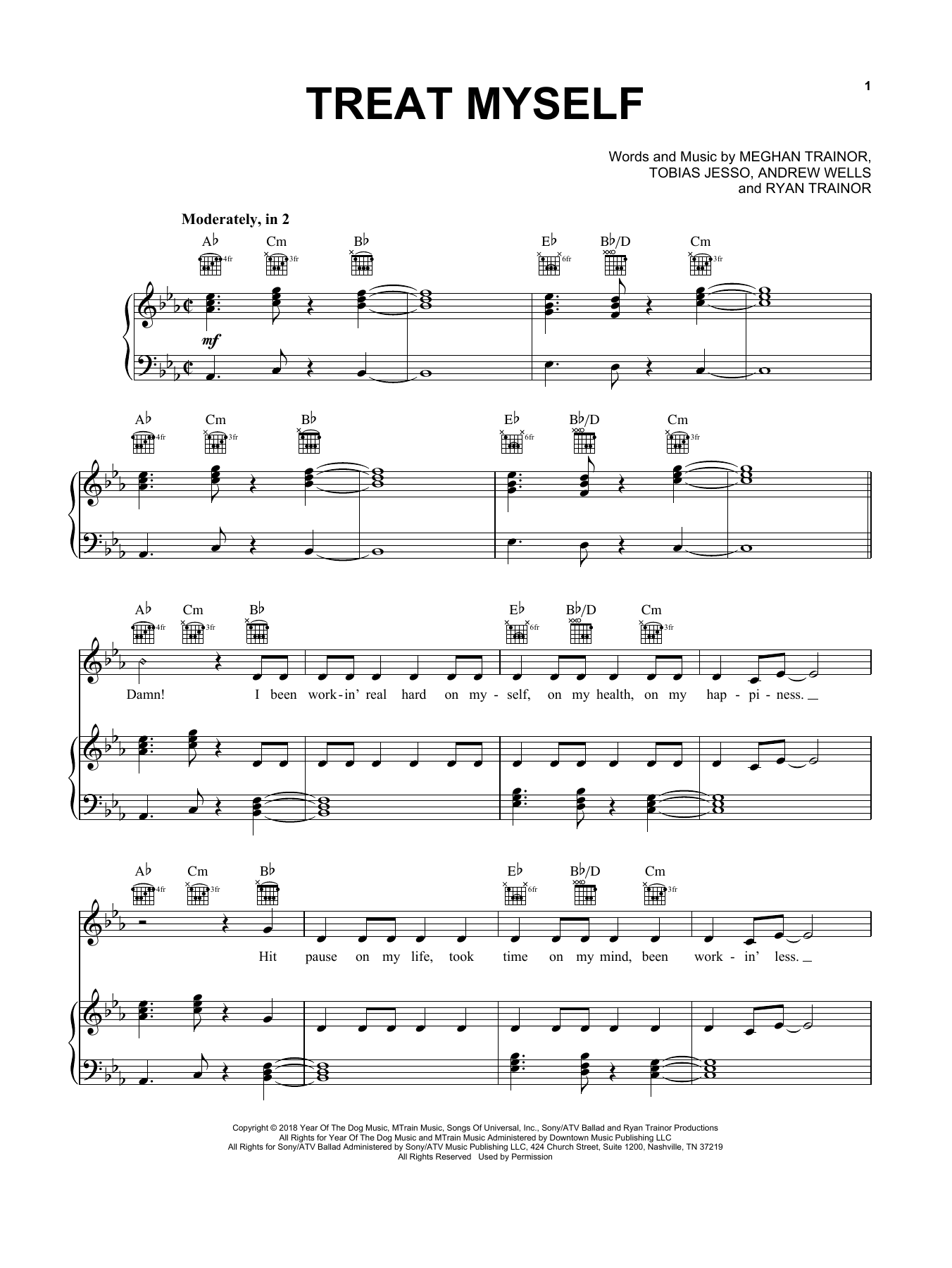 Meghan Trainor Treat Myself sheet music notes and chords arranged for Piano, Vocal & Guitar Chords (Right-Hand Melody)