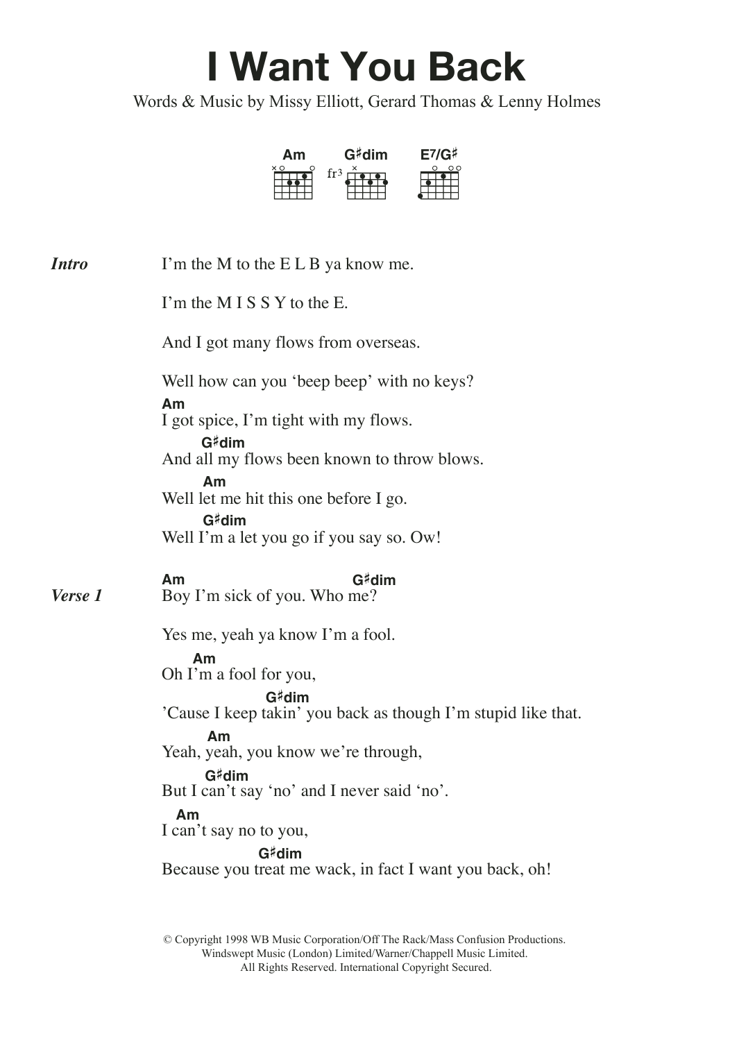 Mel B I Want You Back (feat. Missy Elliott) sheet music notes and chords arranged for Guitar Chords/Lyrics
