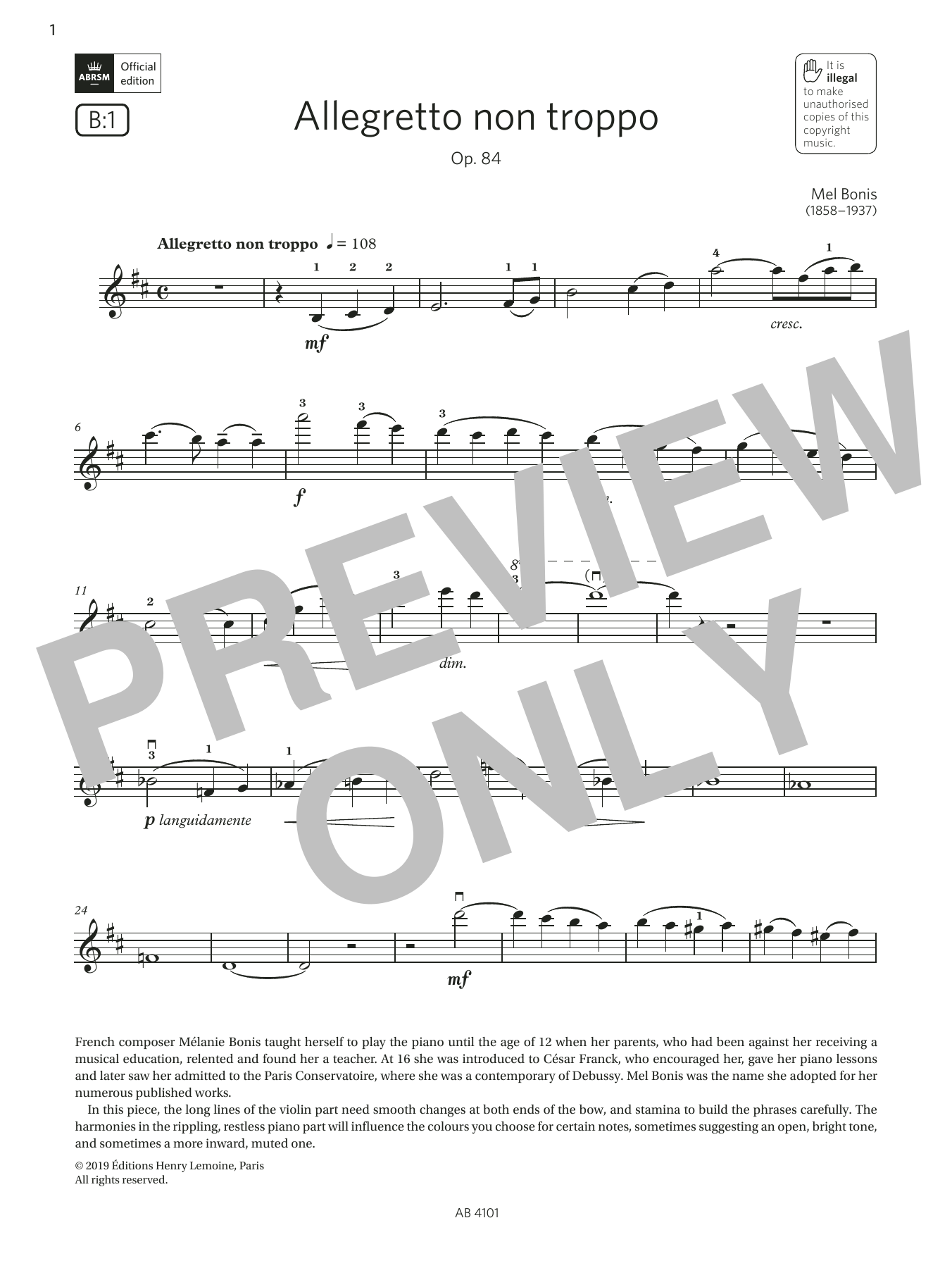Mel Bonis Allegretto non troppo (Grade 7, B1, from the ABRSM Violin Syllabus from 2024) sheet music notes and chords arranged for Violin Solo