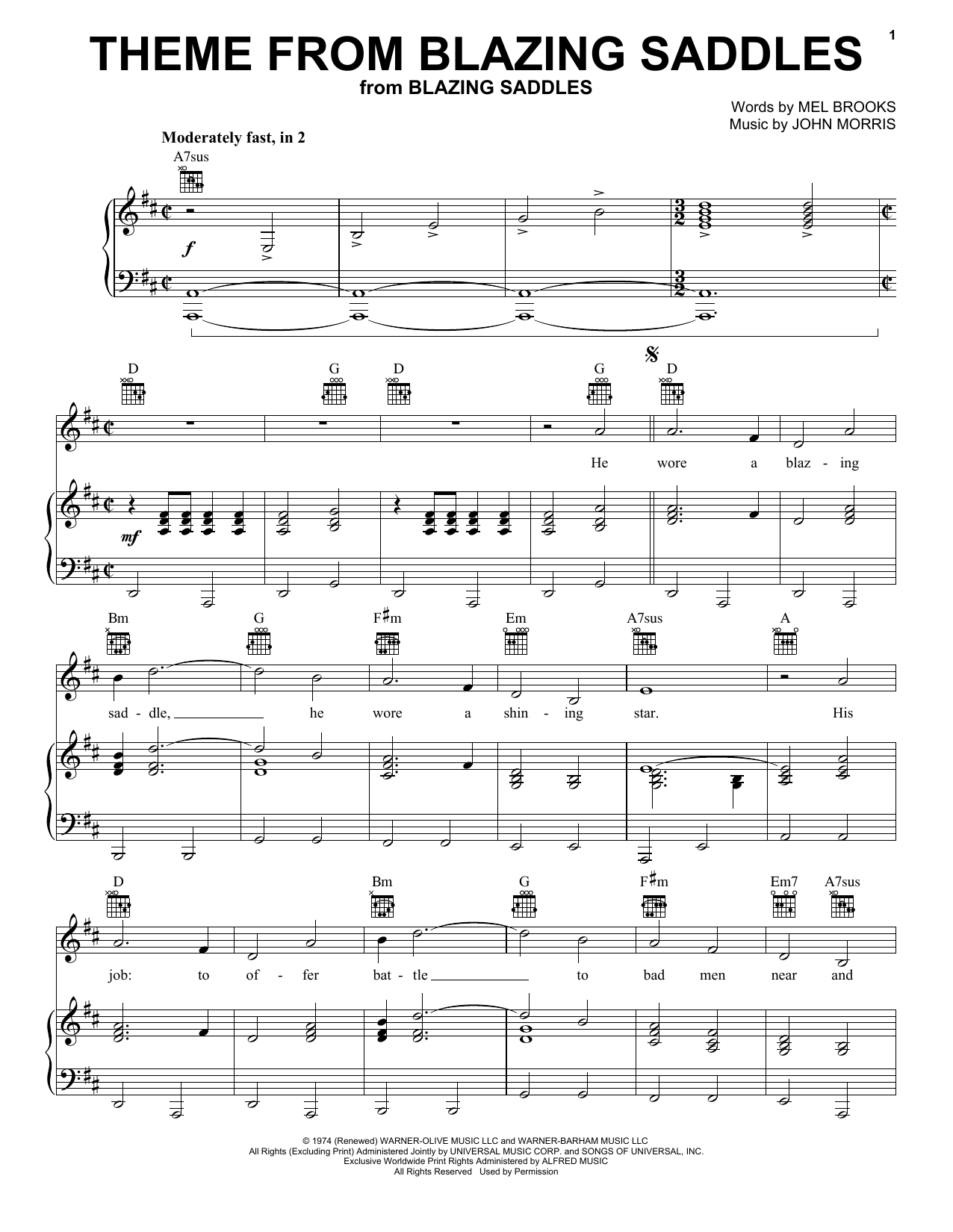 Mel Brooks and John Morris Theme From Blazing Saddles sheet music notes and chords arranged for Piano, Vocal & Guitar Chords (Right-Hand Melody)