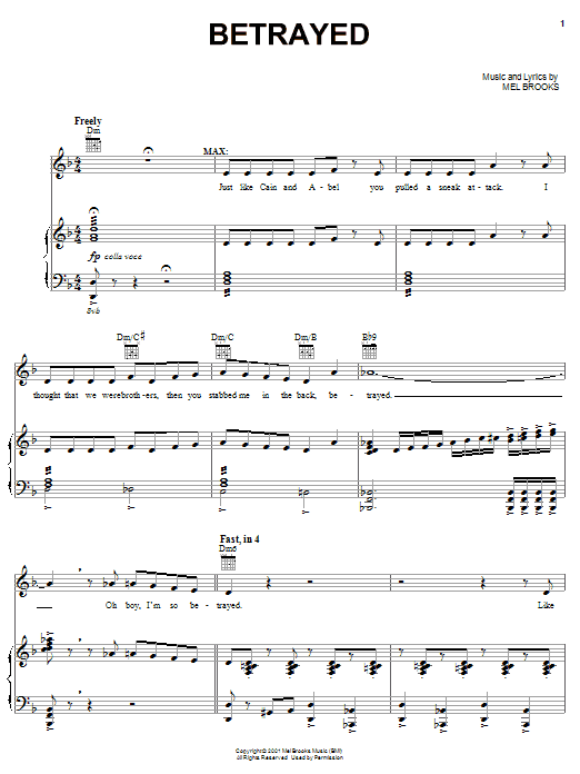 Mel Brooks Betrayed sheet music notes and chords arranged for Piano, Vocal & Guitar Chords (Right-Hand Melody)