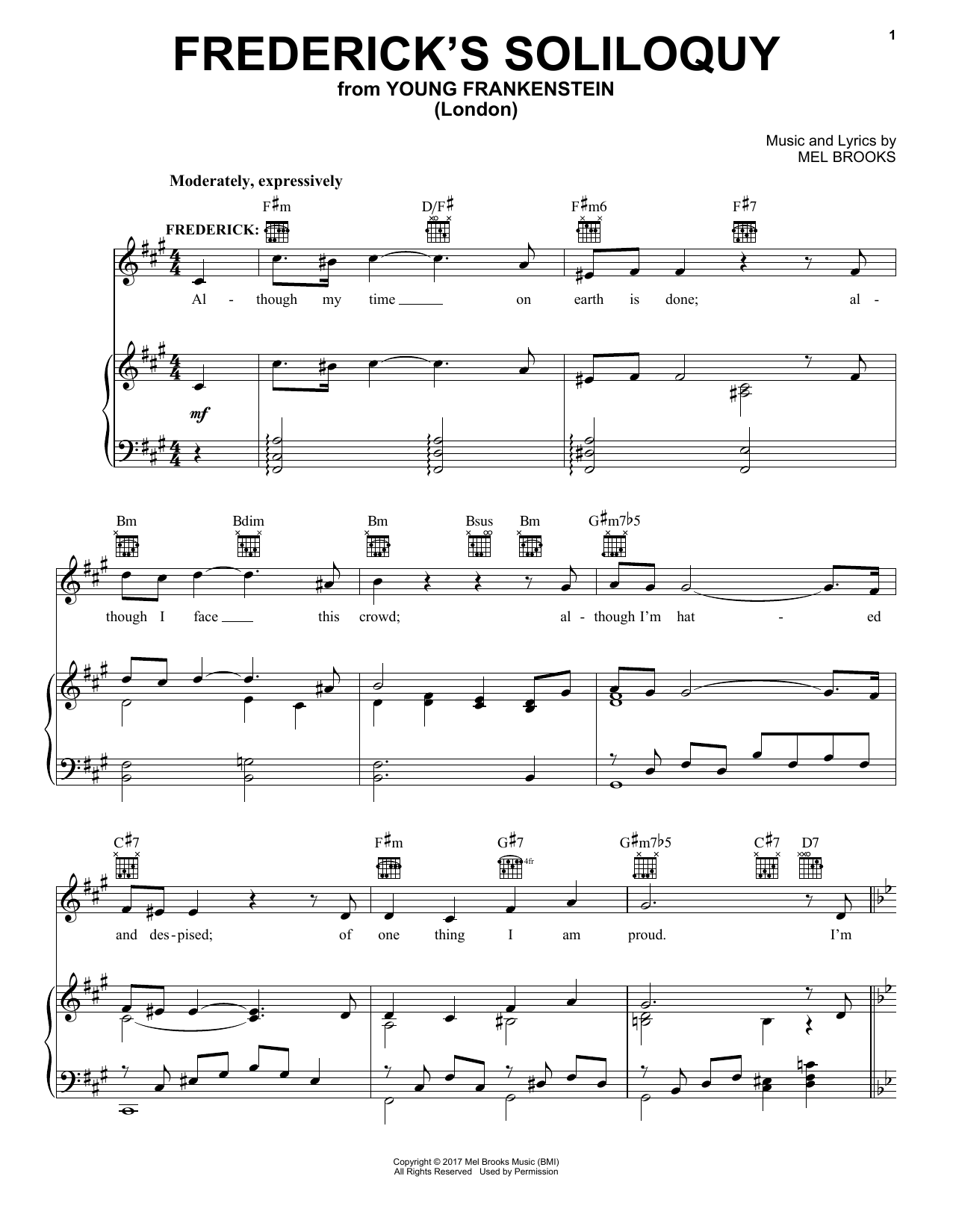Mel Brooks Frederick's Soliloquy (from Young Frankenstein) sheet music notes and chords arranged for Piano, Vocal & Guitar Chords (Right-Hand Melody)