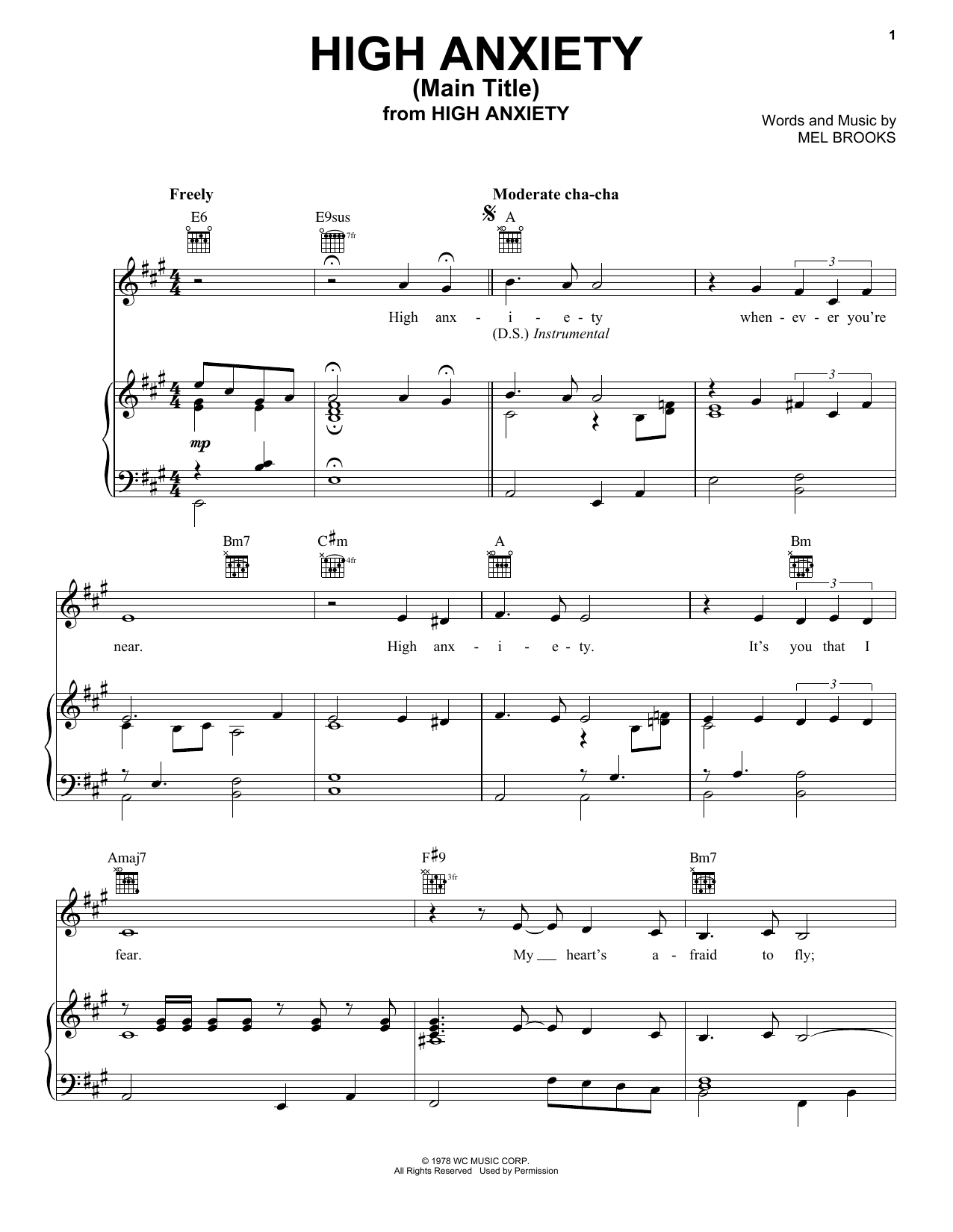 Mel Brooks High Anxiety (Main Title) (from High Anxiety) sheet music notes and chords arranged for Piano, Vocal & Guitar Chords (Right-Hand Melody)