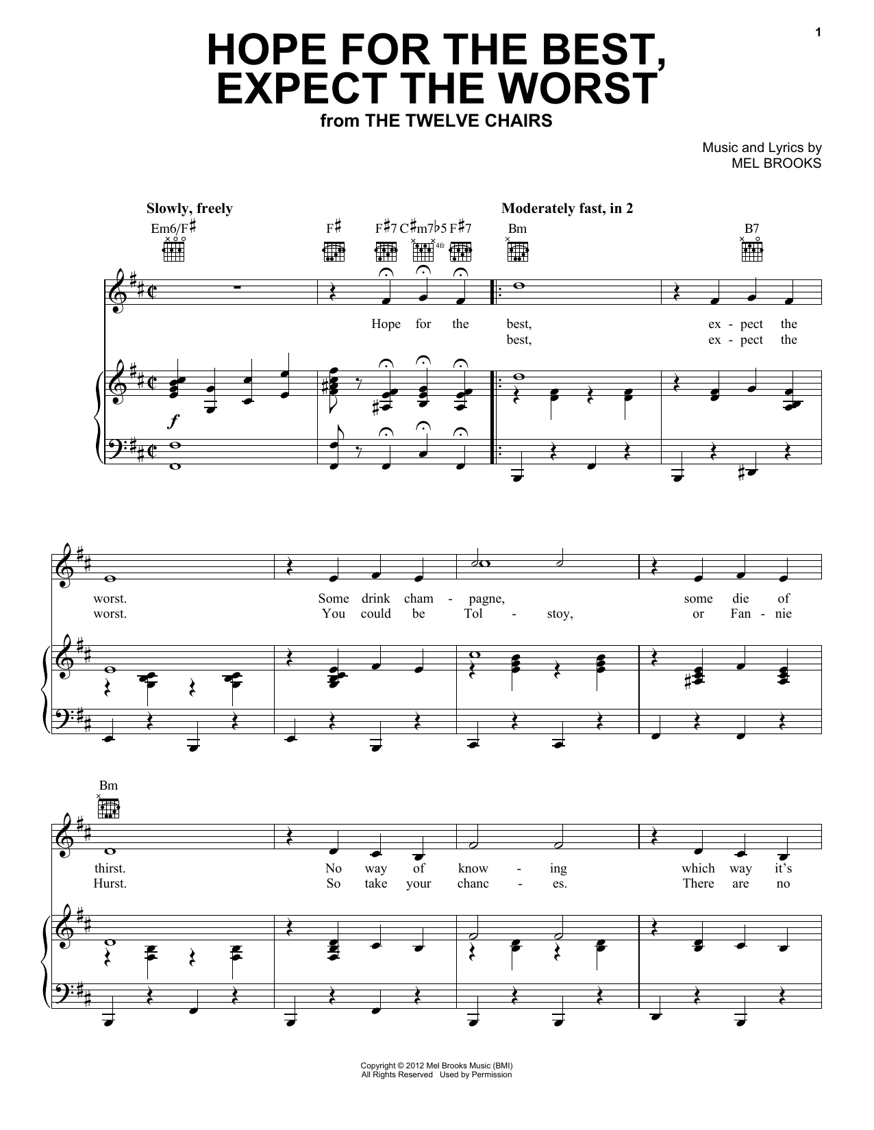 Mel Brooks Hope For The Best, Expect The Worst (from The Twelve Chairs) sheet music notes and chords arranged for Piano, Vocal & Guitar Chords (Right-Hand Melody)